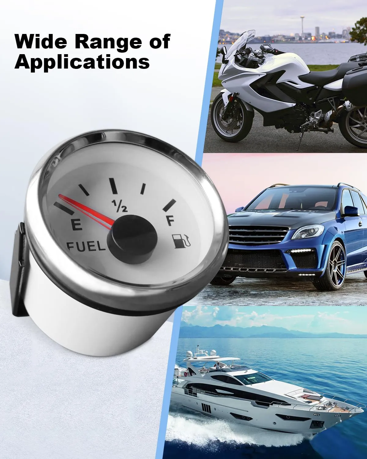 0-90 ohm Fuel Gauge 2-1/16" 52mm Universal Waterproof, for Marine Car Truck Boat Motorcycle RV Generator Tractor Vehicle Diesel, White, LED Backlight