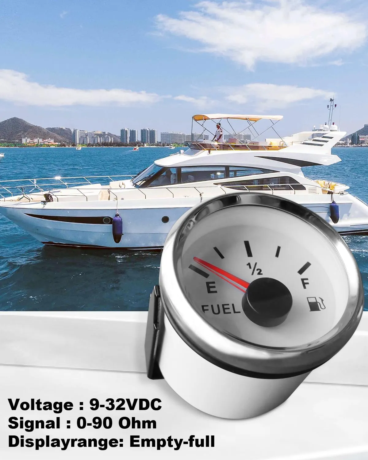 0-90 ohm Fuel Gauge 2-1/16" 52mm Universal Waterproof, for Marine Car Truck Boat Motorcycle RV Generator Tractor Vehicle Diesel, White, LED Backlight