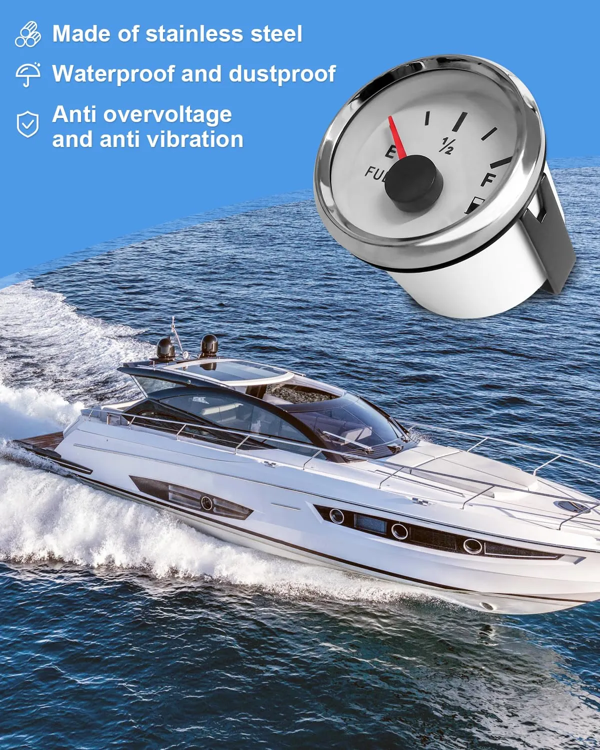 0-90 ohm Fuel Gauge 2-1/16" 52mm Universal Waterproof, for Marine Car Truck Boat Motorcycle RV Generator Tractor Vehicle Diesel, White, LED Backlight