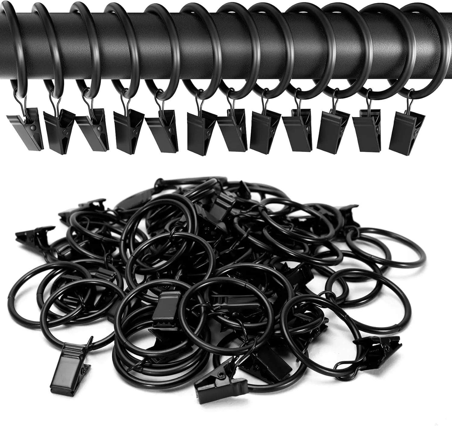 100Pack Curtain Rings with Clips Hooks, Rustproof Metal Stainless Steel Drapery Rings, 2in Interior Diameter Curtain Hangers Clips, Fits Diameter 1.8 in Rod, Vintage Black