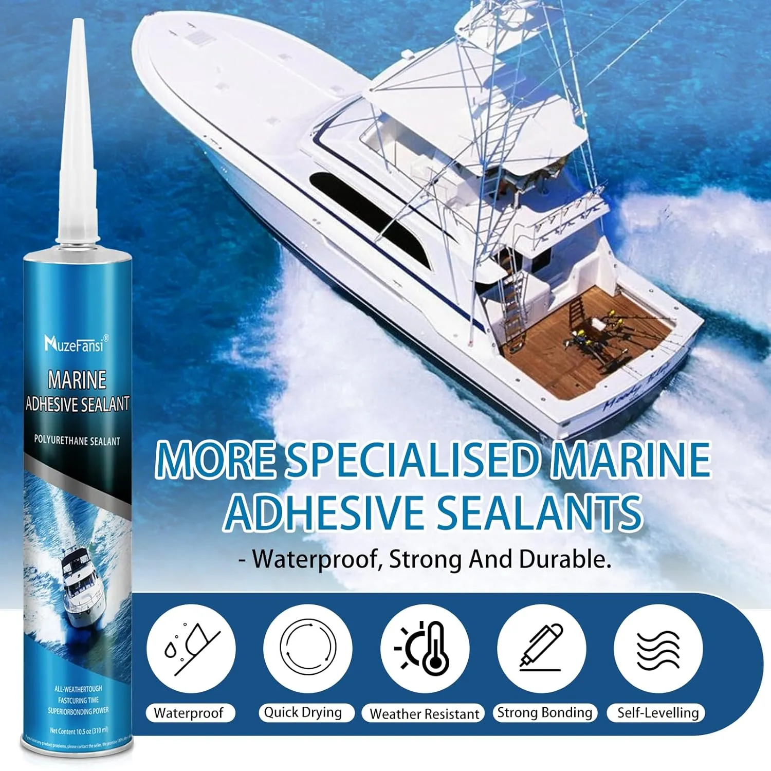 10oz Marine Adhesive Sealant, Fast Cure, UV-Proof, Waterproof for Boats, Decks, Hulls, and RV Roof Repairs - Strong, Watertight Seal for Above & Below Waterline - White with Accessories（2 Pack）