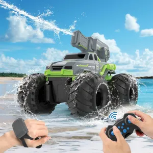 1:16 Amphibious Remote Control Car with Water Gun 4WD Gesture Sensing RC Car Boat Waterproof RC Truck Off-Road Stunt Car Toy for Kids/Adults Monster Truck for Outdoor Gift（with 2 Replaceable battery)