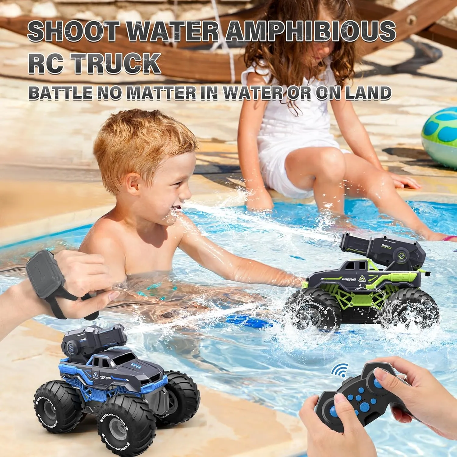 1:16 Amphibious Remote Control Car with Water Gun 4WD Gesture Sensing RC Car Boat Waterproof RC Truck Off-Road Stunt Car Toy for Kids/Adults Monster Truck for Outdoor Gift（with 2 Replaceable battery)