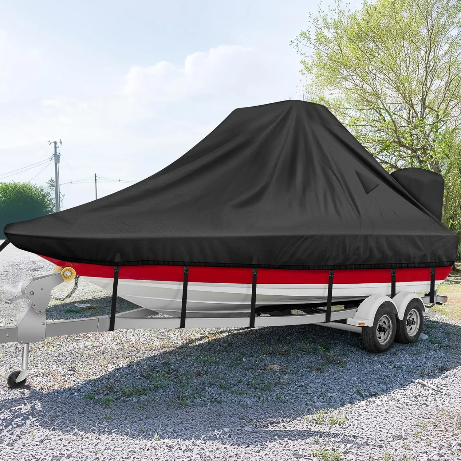 1200D Wake Tower Boat Cover,Heavy Duty Waterproof Wakeboard Boat Cover with Adjustable Metal Buckle,Fits 21ft - 23ft V-Hull Boats with Ski/Wakeboard Tower,Black