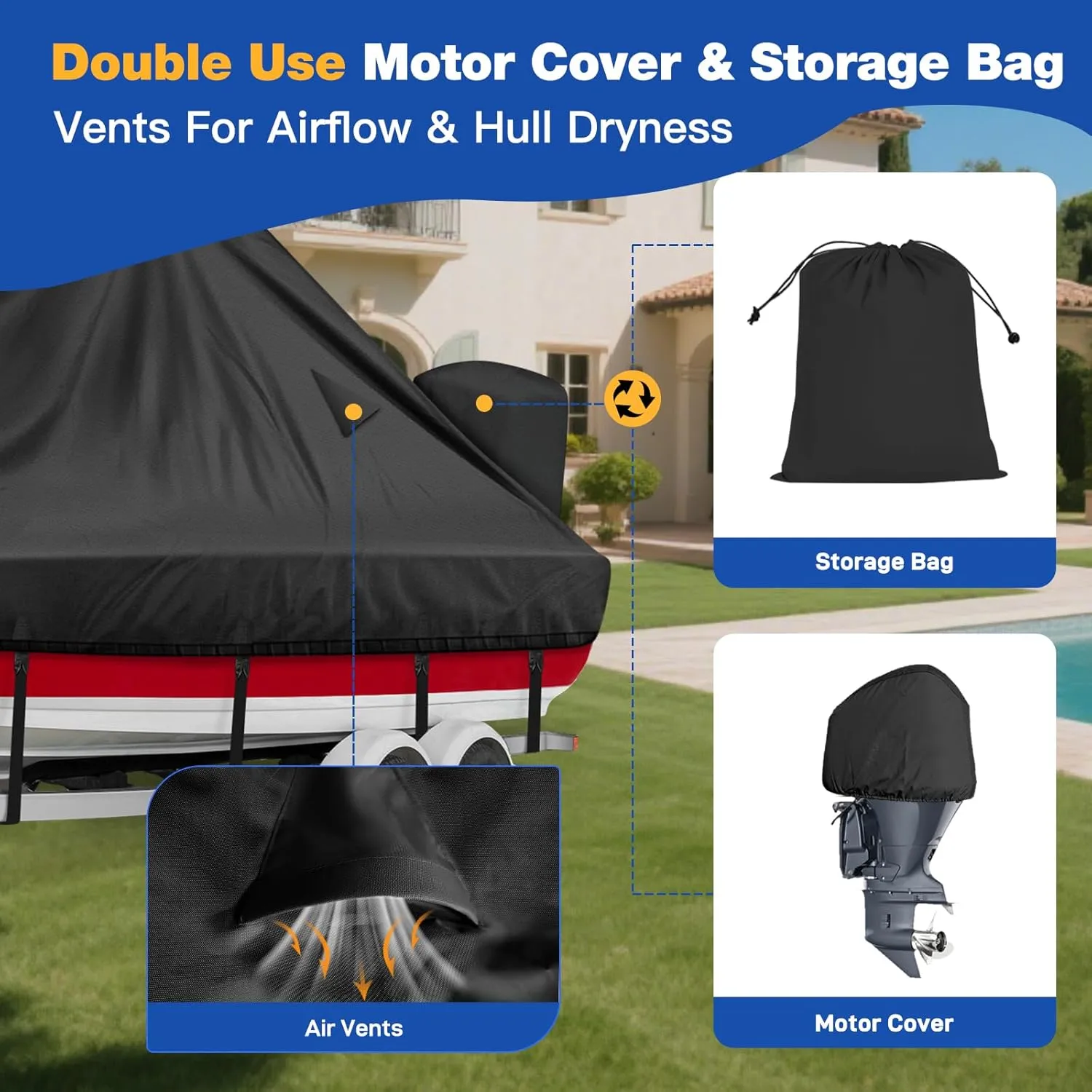 1200D Wake Tower Boat Cover,Heavy Duty Waterproof Wakeboard Boat Cover with Adjustable Metal Buckle,Fits 21ft - 23ft V-Hull Boats with Ski/Wakeboard Tower,Black
