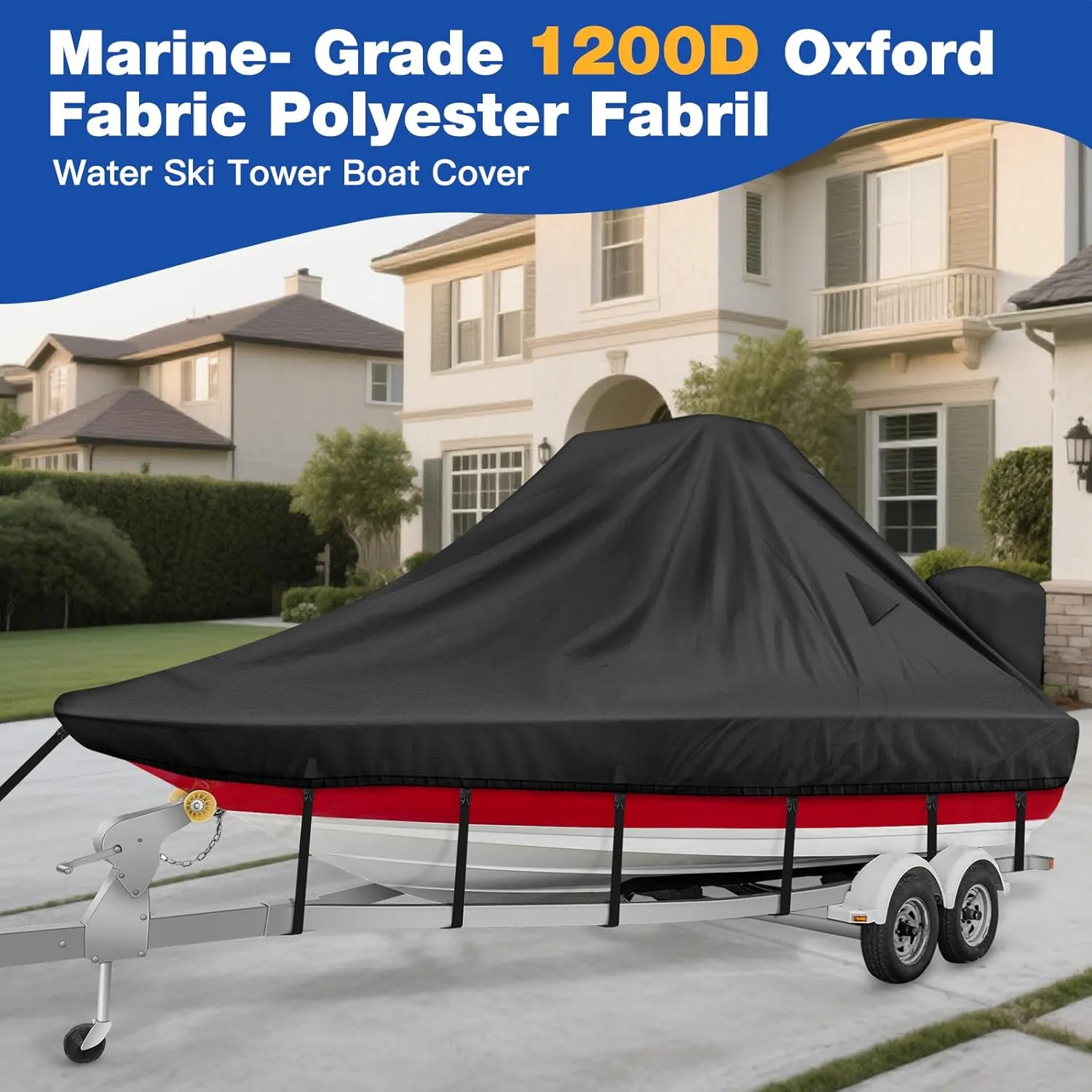 1200D Wake Tower Boat Cover,Heavy Duty Waterproof Wakeboard Boat Cover with Adjustable Metal Buckle,Fits 21ft - 23ft V-Hull Boats with Ski/Wakeboard Tower,Black