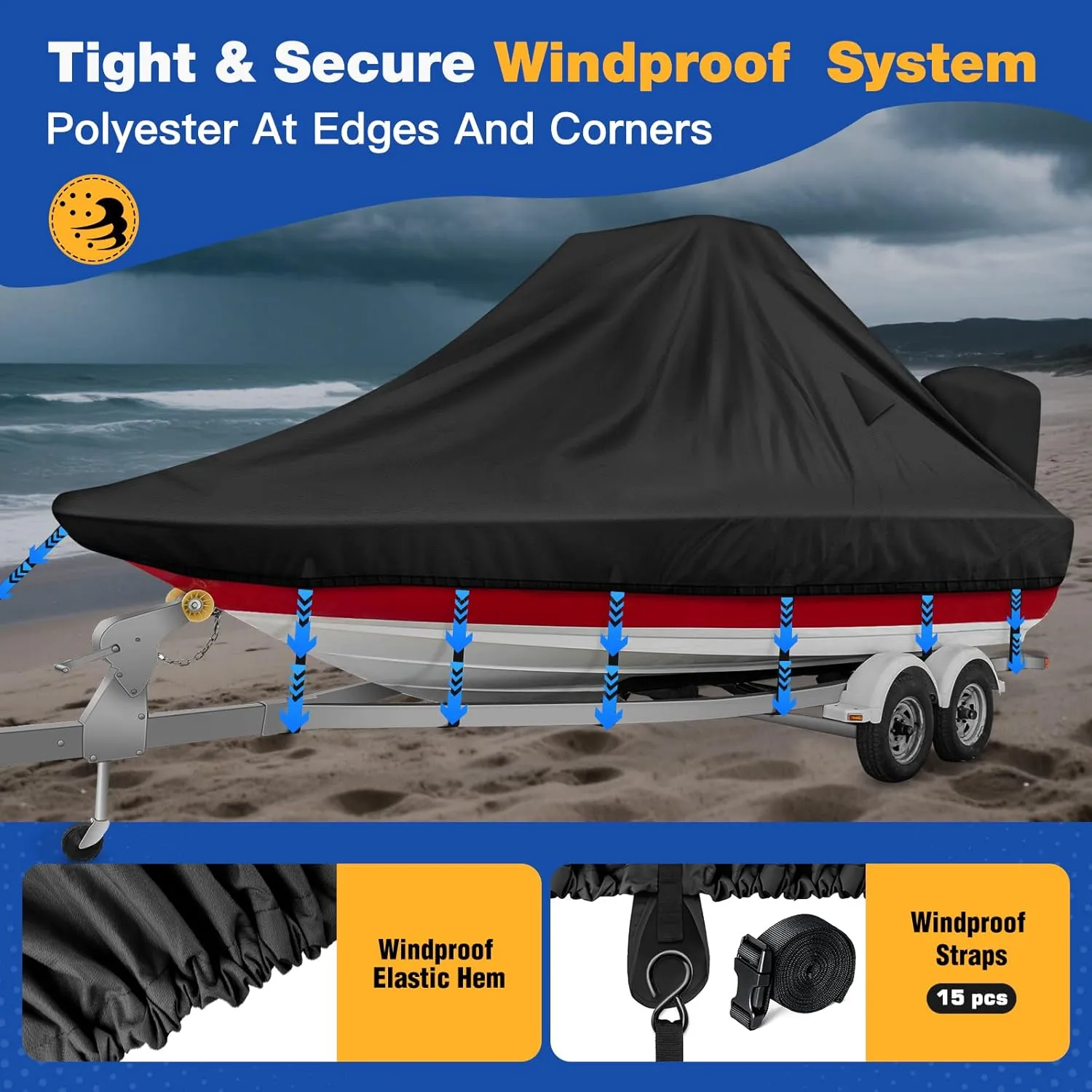 1200D Wake Tower Boat Cover,Heavy Duty Waterproof Wakeboard Boat Cover with Adjustable Metal Buckle,Fits 21ft - 23ft V-Hull Boats with Ski/Wakeboard Tower,Black
