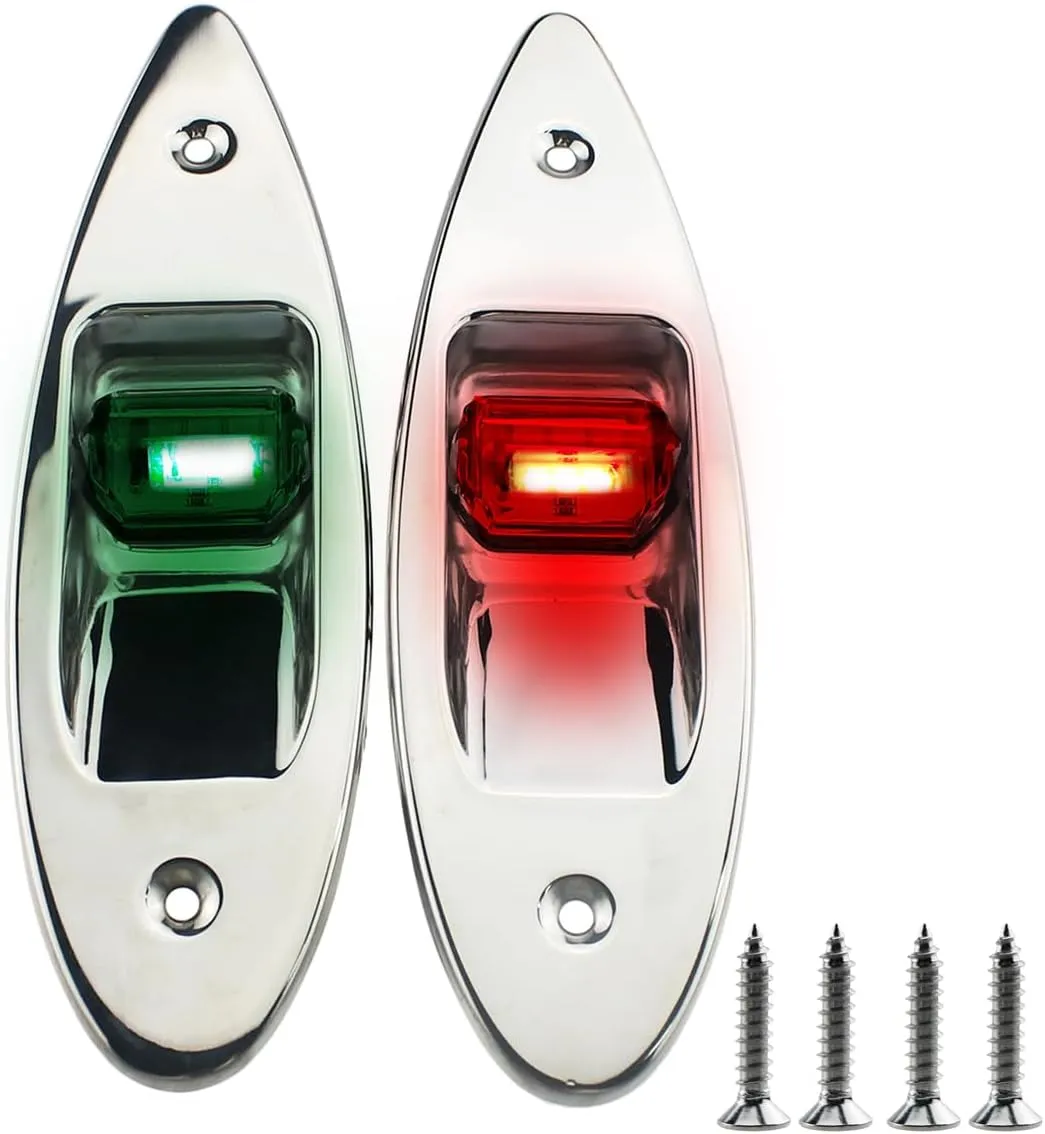 12V Marine LED Shark Eye Navigation Lights, Waterproof, Boat Bow Light Flush Mount, Yacht Sides Teardrop Navigation Light, Bright Signal Warning Lamps 12 Volt DC, Stainless, Red&Green 1 Pair