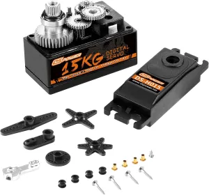 15KG RC Waterproof Low Profile Servo, High Torque Metal Gear Short Body Digital Servos Motor with 25T Metal Arm for 1/8 1/10 1/12 RC Car Baja Boat Drones Aircraft Helicopter Robot (Black-180°)