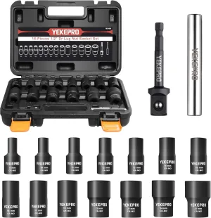 16PCS Bolt Extractor Set, 1/2" Drive Impact Twist Socket Set, Stripped Bolt Extractor for Removing Damaged, Frozen, Rusted, Rounded-Off Bolts, Nuts & Screws, Cr-Mo Steel