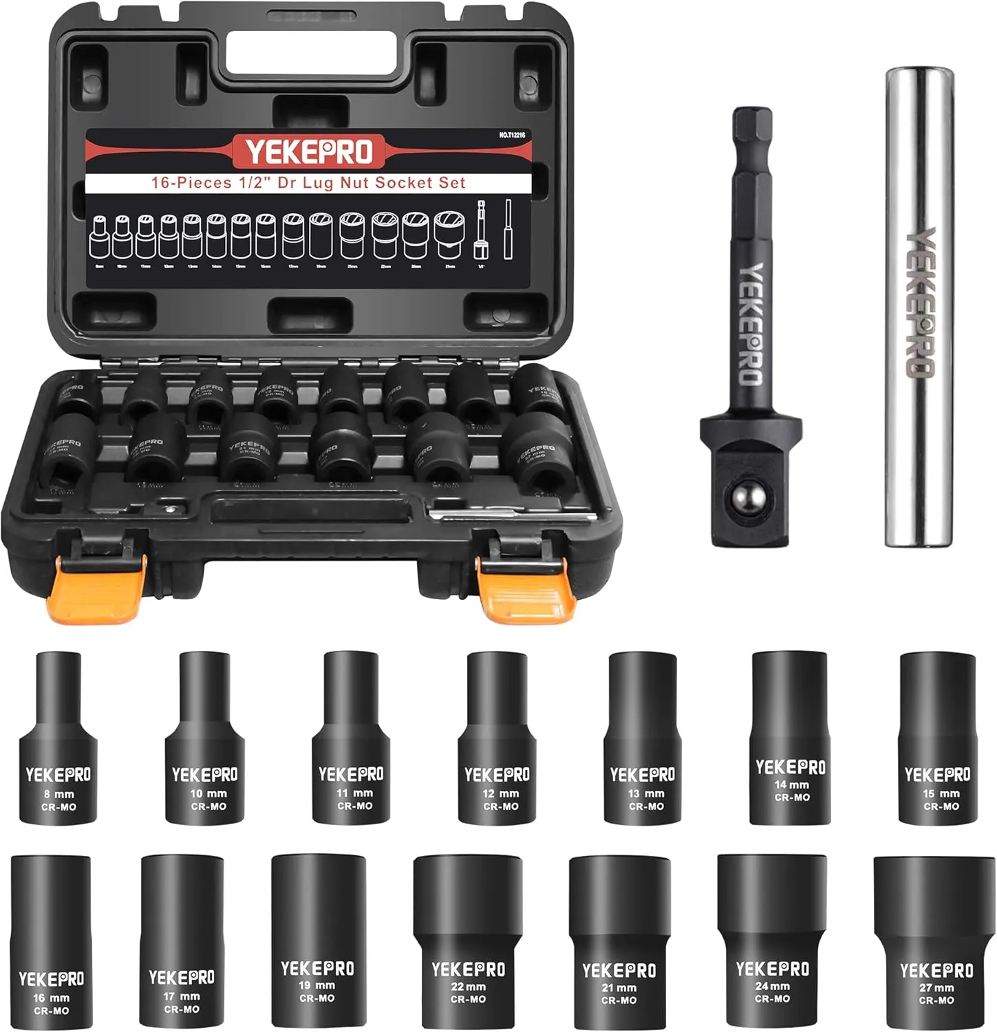 16PCS Bolt Extractor Set, 1/2" Drive Impact Twist Socket Set, Stripped Bolt Extractor for Removing Damaged, Frozen, Rusted, Rounded-Off Bolts, Nuts & Screws, Cr-Mo Steel