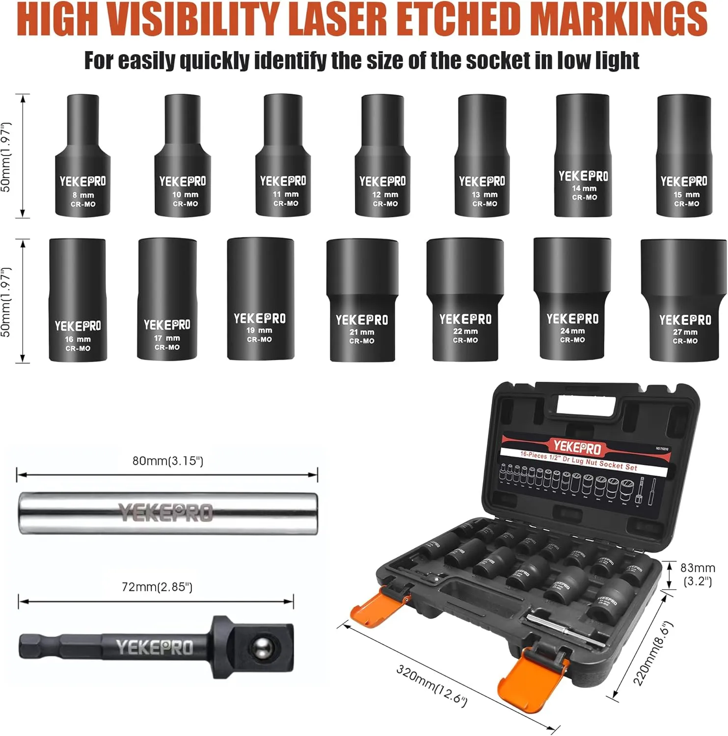 16PCS Bolt Extractor Set, 1/2" Drive Impact Twist Socket Set, Stripped Bolt Extractor for Removing Damaged, Frozen, Rusted, Rounded-Off Bolts, Nuts & Screws, Cr-Mo Steel