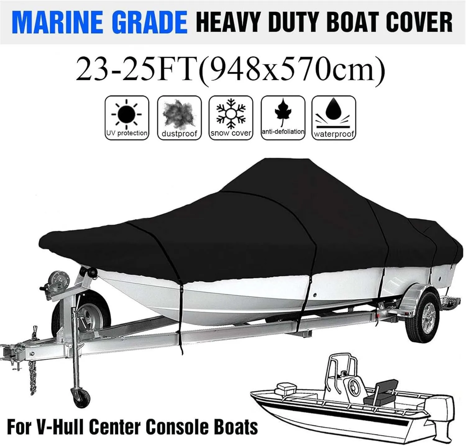 17ft-25ft Heavy-Duty Trailerable Boat Cover 600D Waterproof Fish-Ski V-Hull Boat Mooring Cover Dust-Proof Anti-UV Protection(23-25ft)