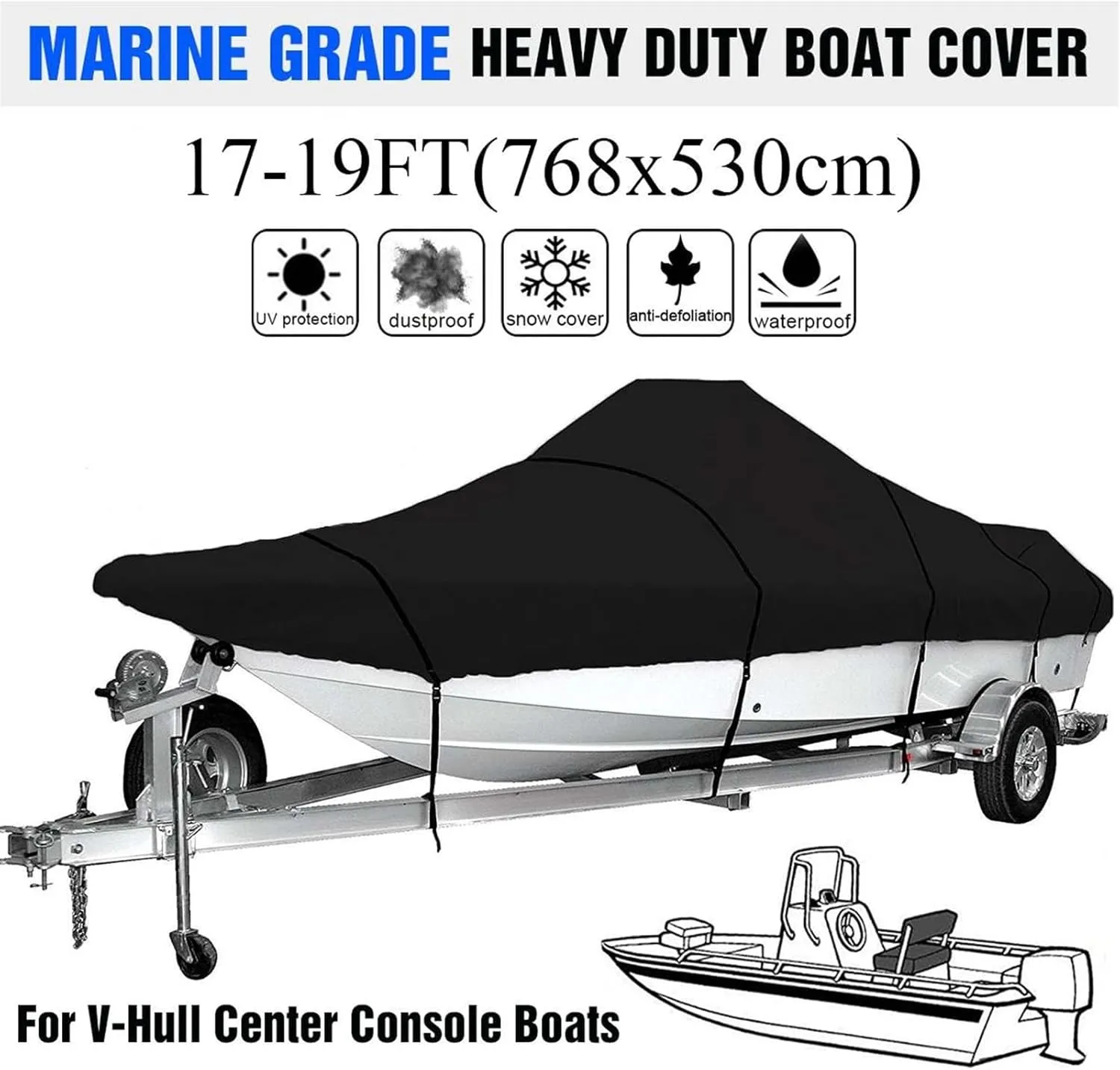 17ft-25ft Heavy-Duty V-Hull Center Console Boat Cover 600D Waterproof Trailerable V-Hull Boat Shelter Canopy Dust-Proof Anti-UV(17-19ft)