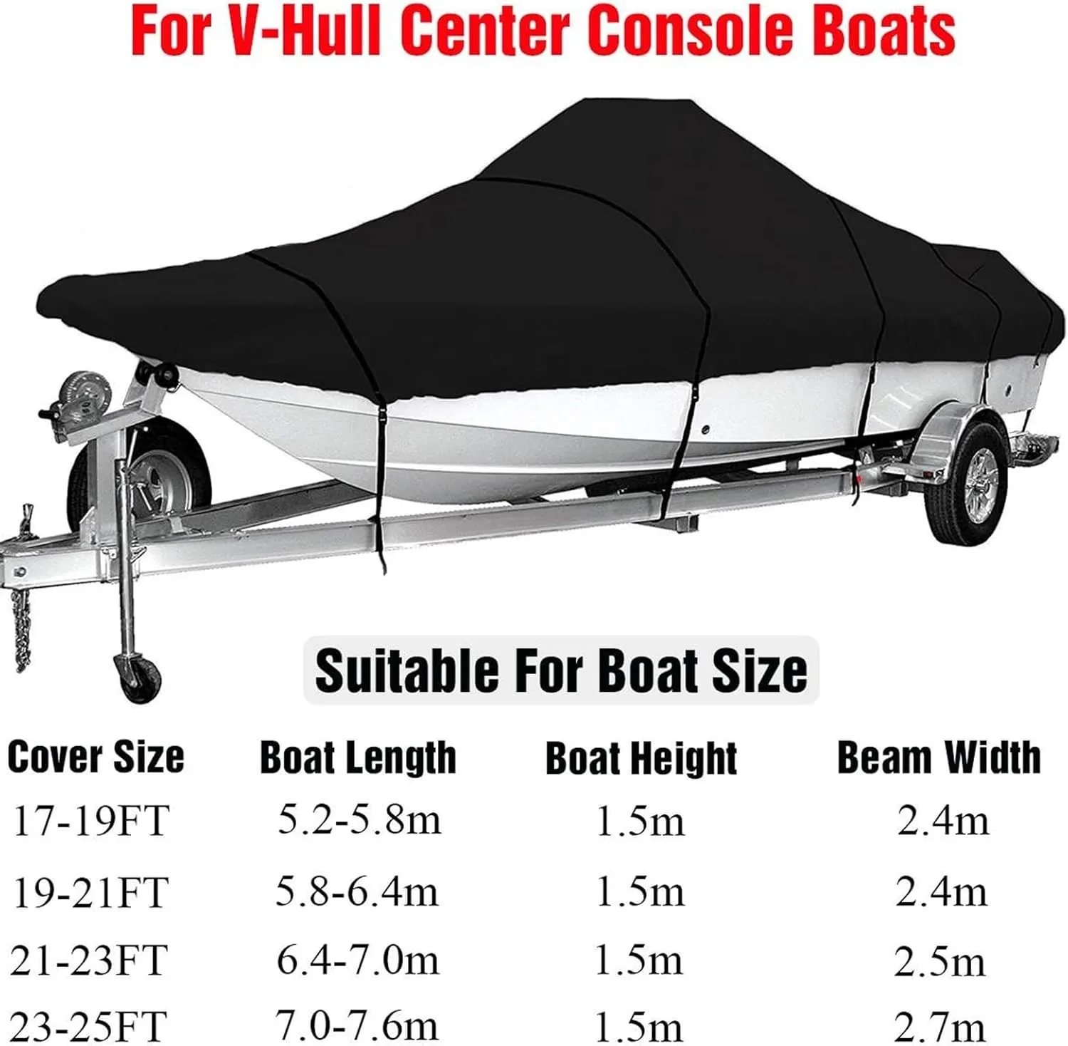 17ft-25ft Heavy-Duty V-Hull Center Console Boat Cover 600D Waterproof Trailerable V-Hull Boat Shelter Canopy Dust-Proof Anti-UV(17-19ft)