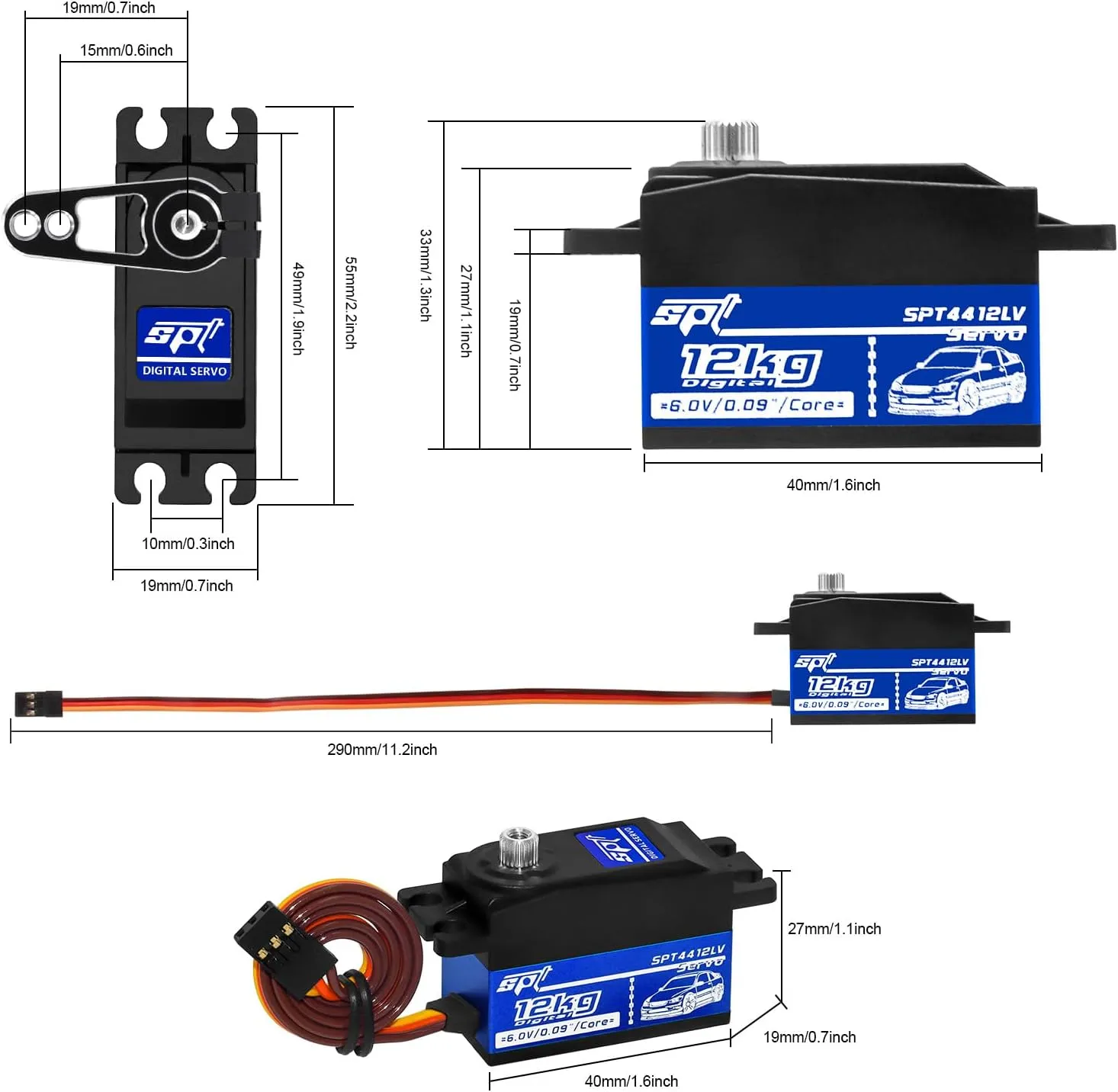 2PCS 12kg Low Profile Servo RC Digital Servo High Torque Full Metal Gear & Steering Servo Arm for 1/10 RC Car