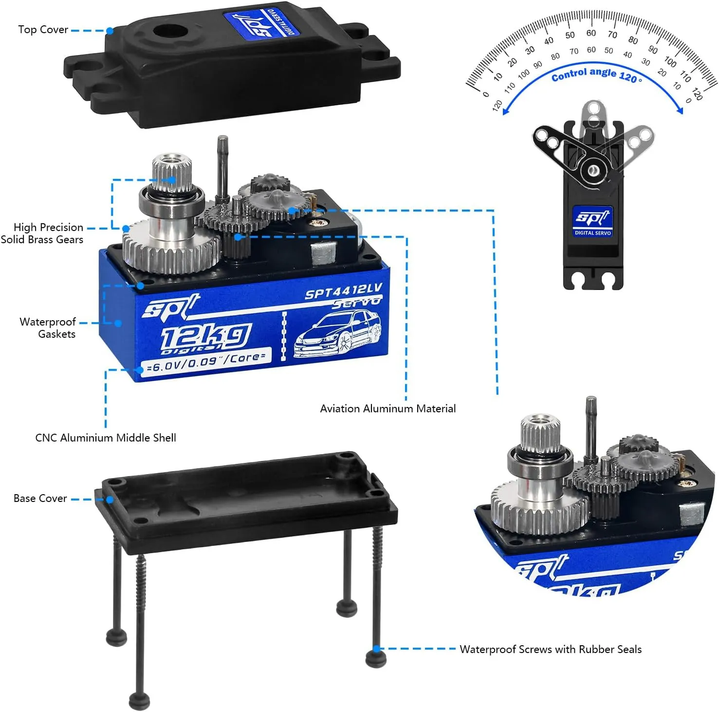 2PCS 12kg Low Profile Servo RC Digital Servo High Torque Full Metal Gear & Steering Servo Arm for 1/10 RC Car