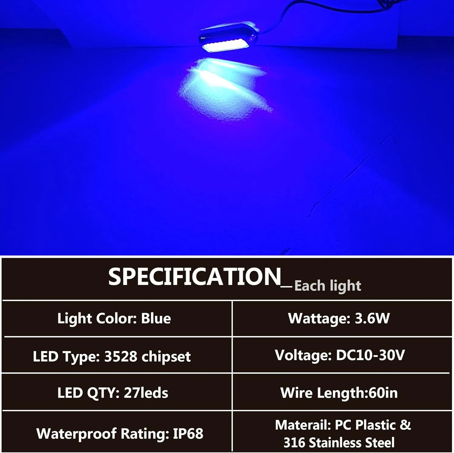2Pcs 27 LEDs Blue Marine Boat Lights,IP68 Waterproof Underwater Boat Trailer Light Pontoon Boat Transom Lights Stern Navigation Light Boat Interior Deck Lights 10-30V DC