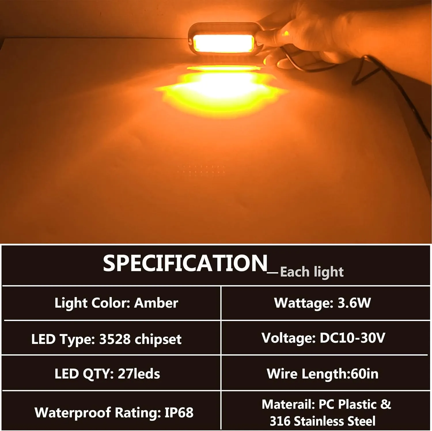 2Pcs 27 LEDs Marine Boat Lights,IP68 Waterproof Underwater Boat Trailer Light Pontoon Boat Transom Lights Stern Navigation Light Boat Interior Deck Lights 10-30V DC (Amber)