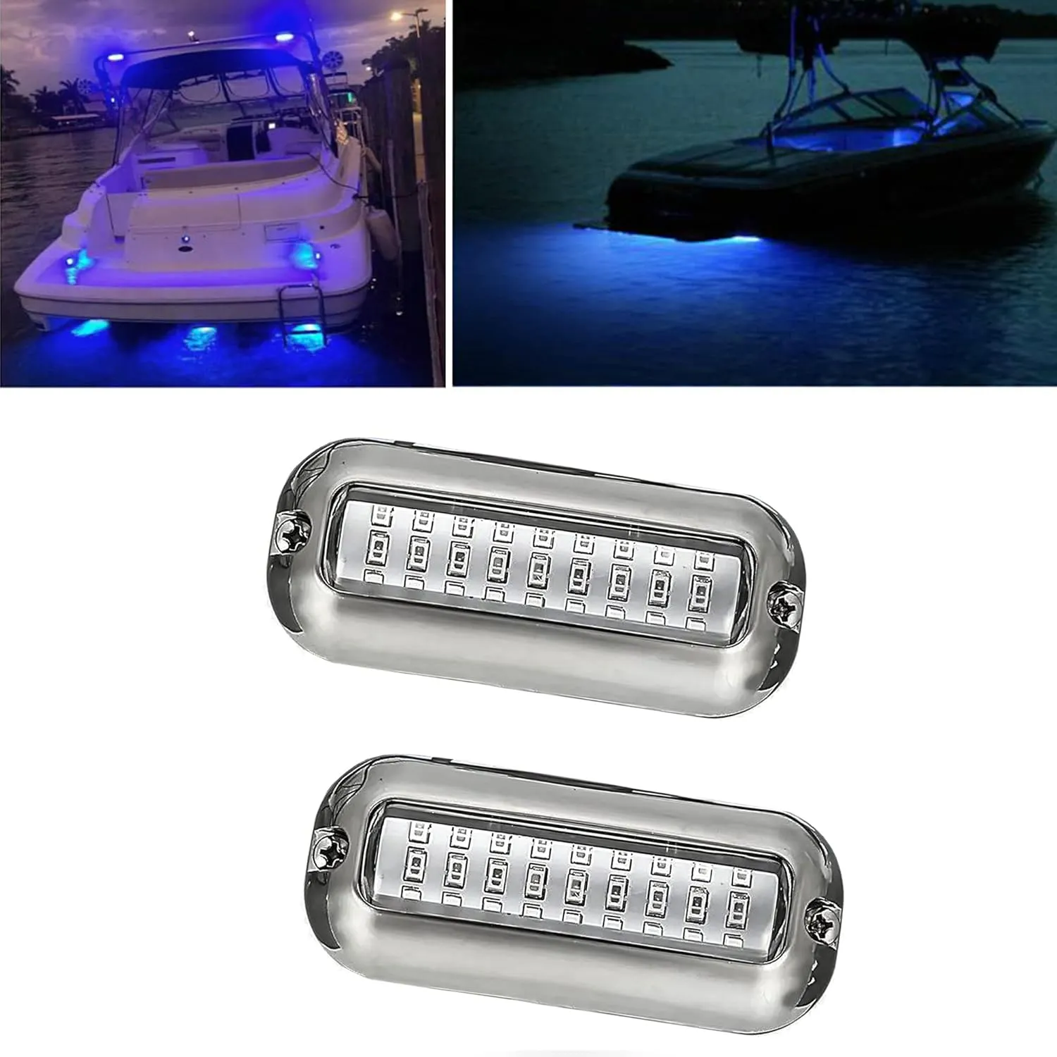 2Pcs Blue Marine Boat LED Lights,27 LEDs Waterproof IP68 Stainless Steel Boat Deck Dock Lights,Pontoon Boat Transom Lights Yacht Trailer Stern Navigation Light Interior Lights,1200LM