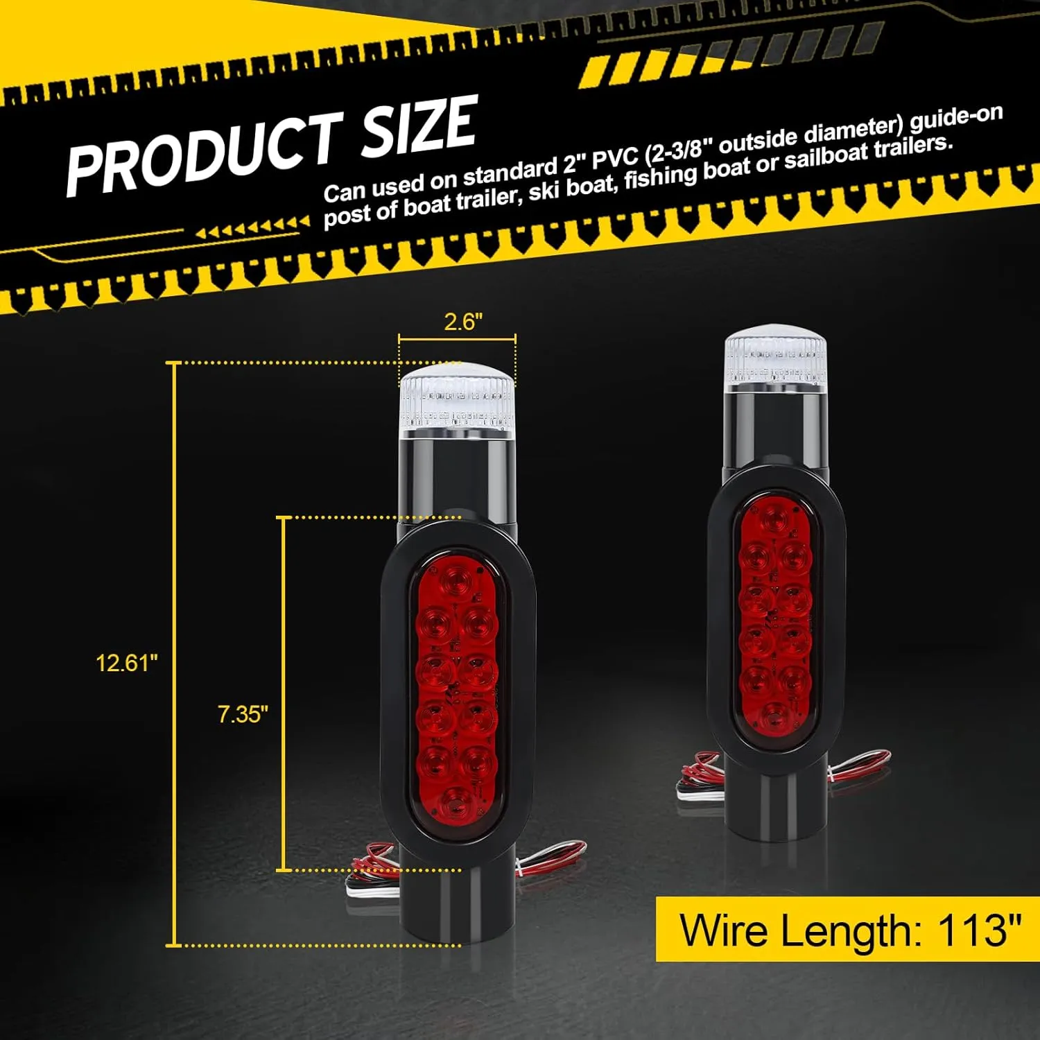 2PCS Boat Trailer Guide on Post Pipe Light Set, (DOT SAE APPROVED) IP67 Waterproof Black Boat Trailer Guide Pole Lights, 12V LED PVC Pipe Lights, Sealed Submersible Turn Signal Brake Marker