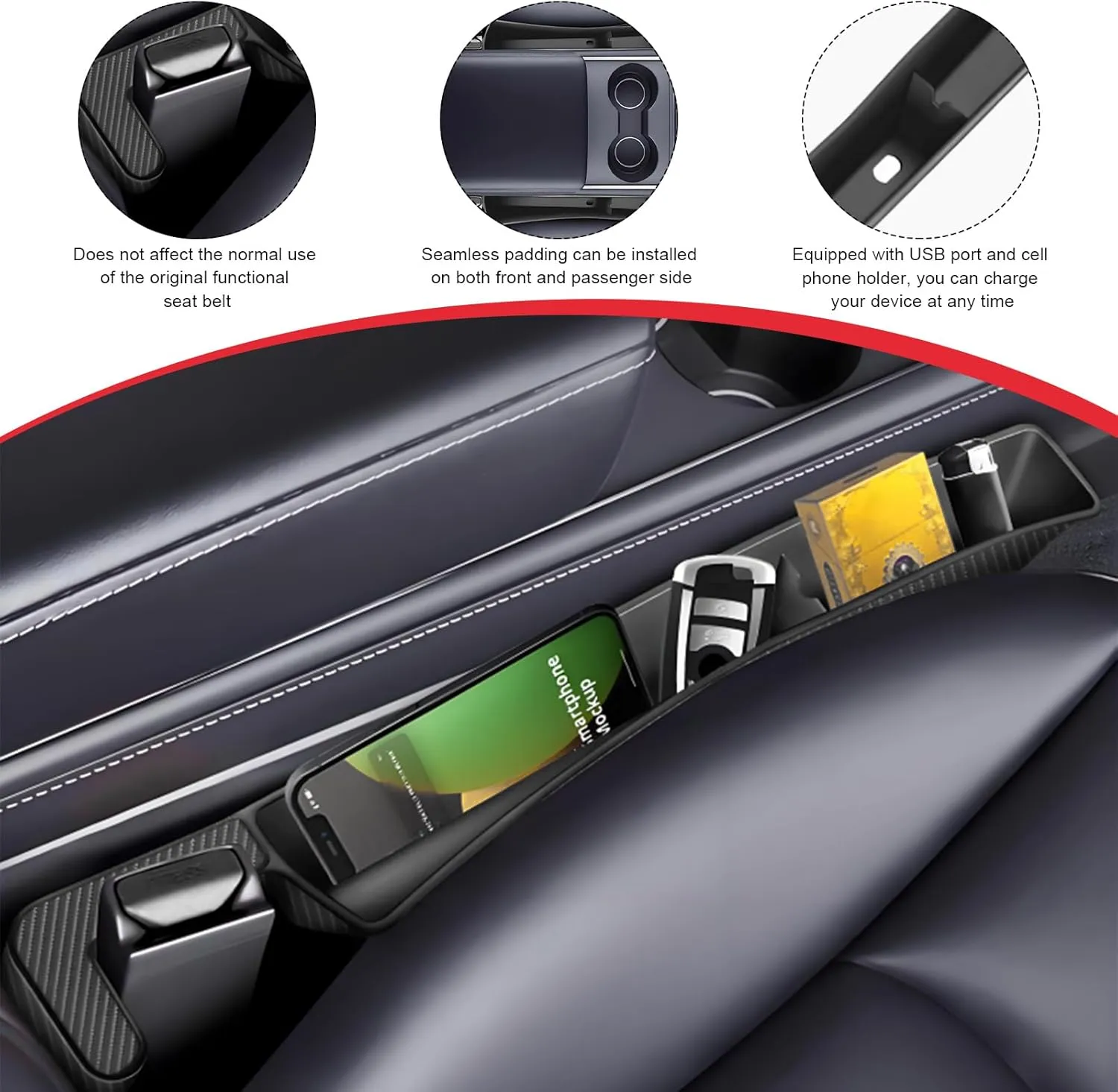 2PCS Car Seat Gap Filler, Automotive Seat Organizer Fill The Gap Between Seat and Console, Universal Car Gap Seat Storage for Phone Wallets and Keys, Car Accessories (Black)