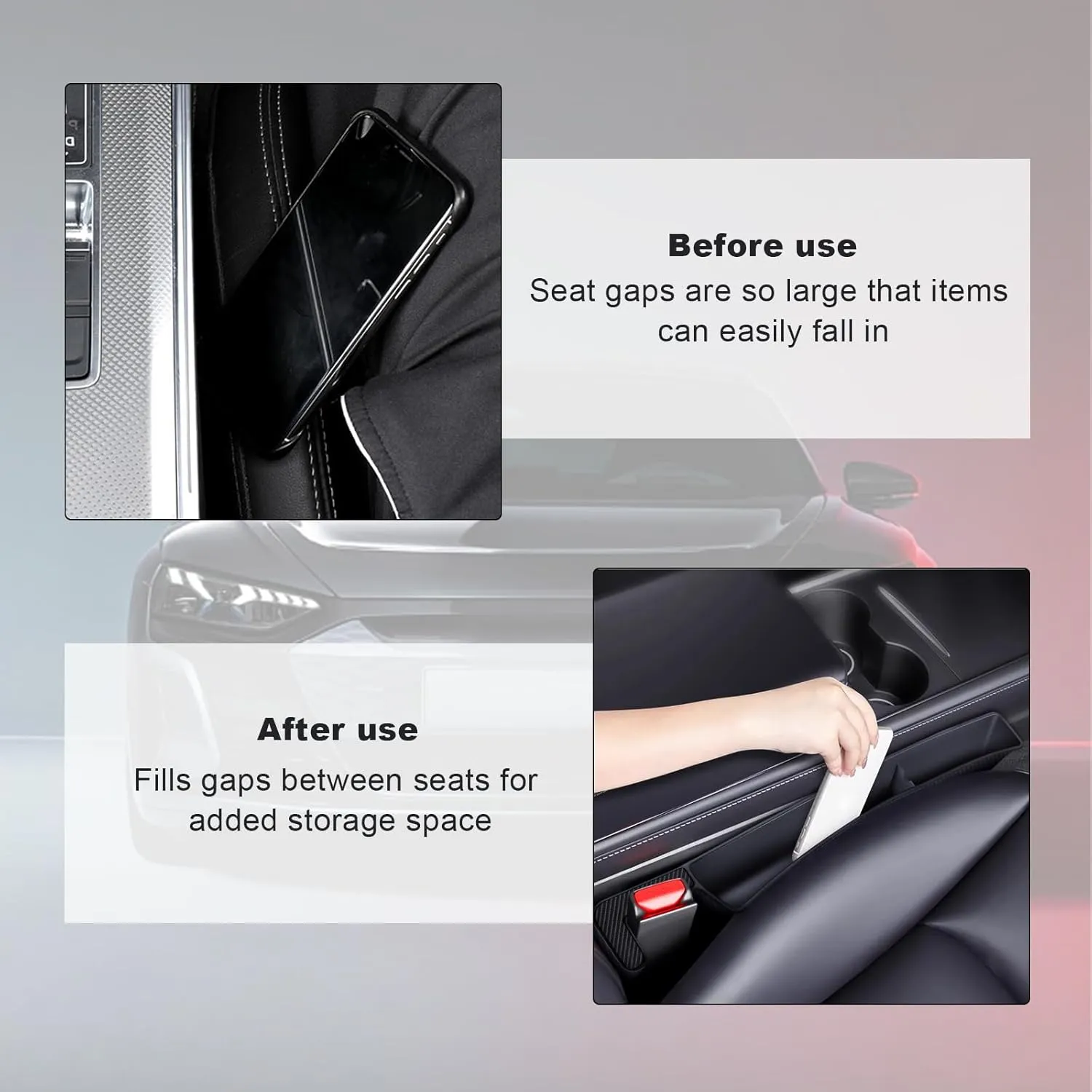 2PCS Car Seat Gap Filler, Automotive Seat Organizer Fill The Gap Between Seat and Console, Universal Car Gap Seat Storage for Phone Wallets and Keys, Car Accessories (Black)