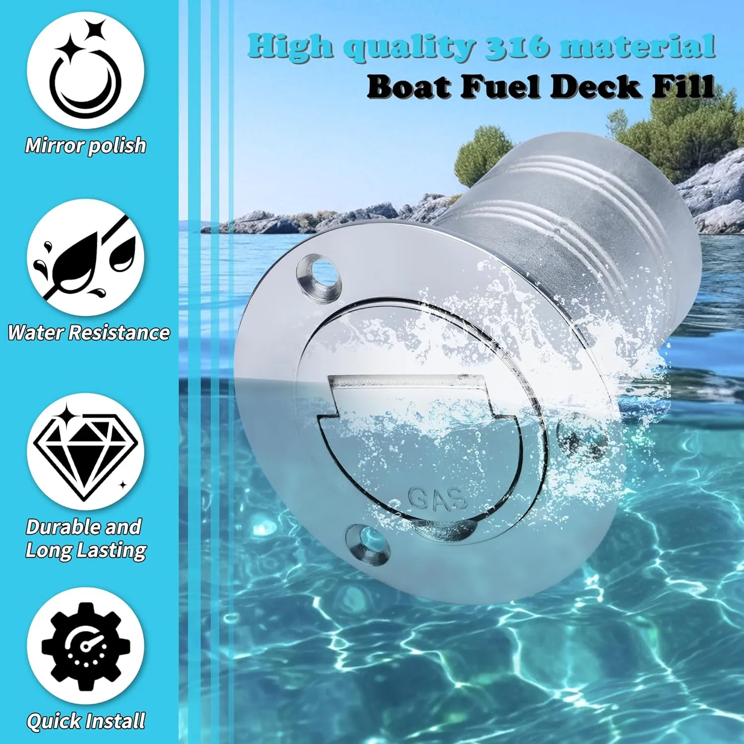 2" Marine Deck Fill/Filler - Fuel/Water/Waste/Gas/Diesel Boat Tank Filler with Keyless Cap & Screws, Polished Finish 316 Stainless Steel Hardware - for Yacht, Caravan
