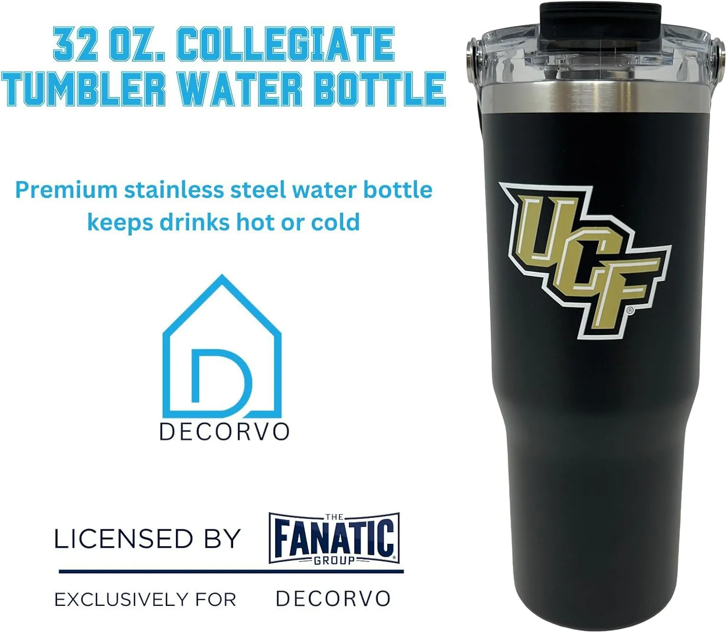 32 oz Collegiate Stainless Steel Tumbler - Double Walled Insulated Water Bottle with Top Handle (Central Florida)