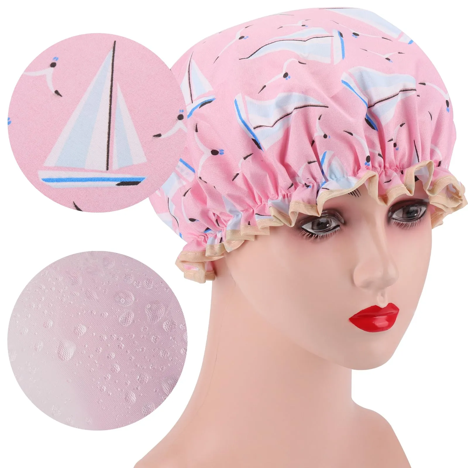 4 Pcs Shower Caps Hat for Women and Girl, Reusable Waterproof Bath Cap Double Waterproof Layers Cat and Boat Pattern
