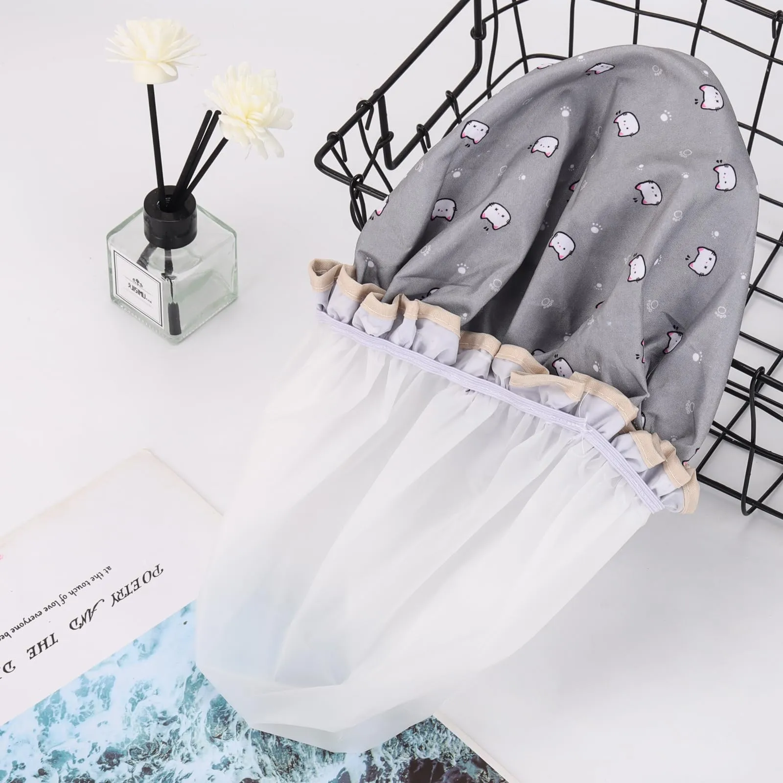 4 Pcs Shower Caps Hat for Women and Girl, Reusable Waterproof Bath Cap Double Waterproof Layers Cat and Boat Pattern