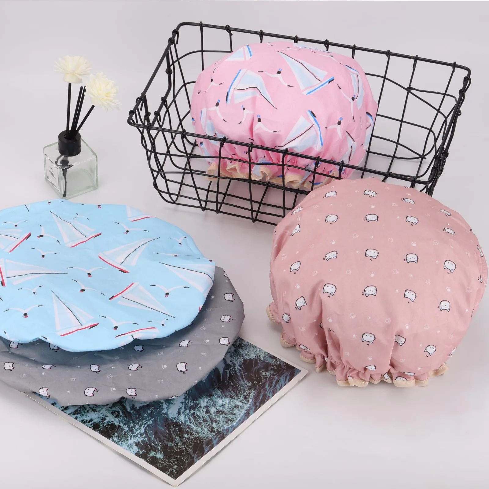 4 Pcs Shower Caps Hat for Women and Girl, Reusable Waterproof Bath Cap Double Waterproof Layers Cat and Boat Pattern