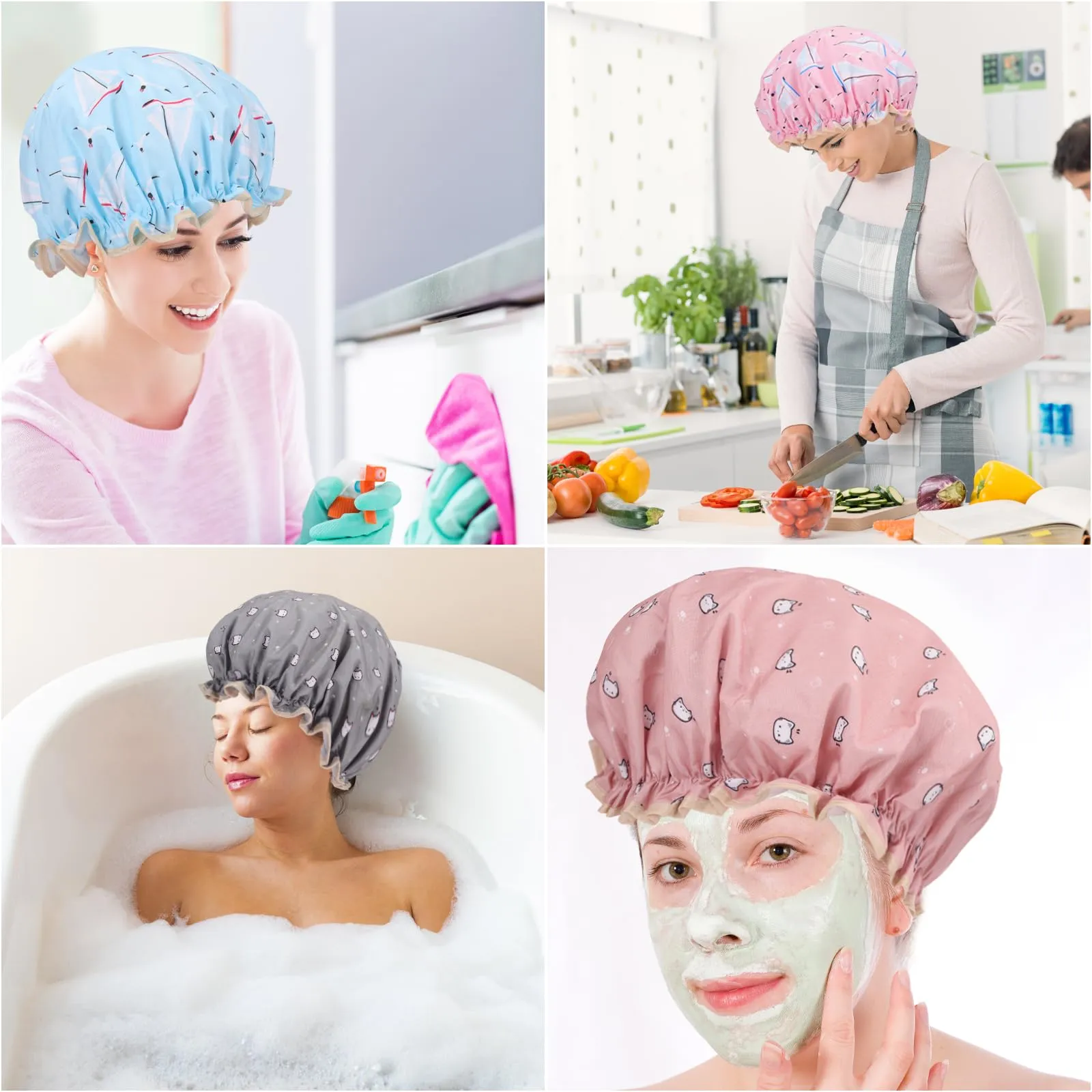4 Pcs Shower Caps Hat for Women and Girl, Reusable Waterproof Bath Cap Double Waterproof Layers Cat and Boat Pattern