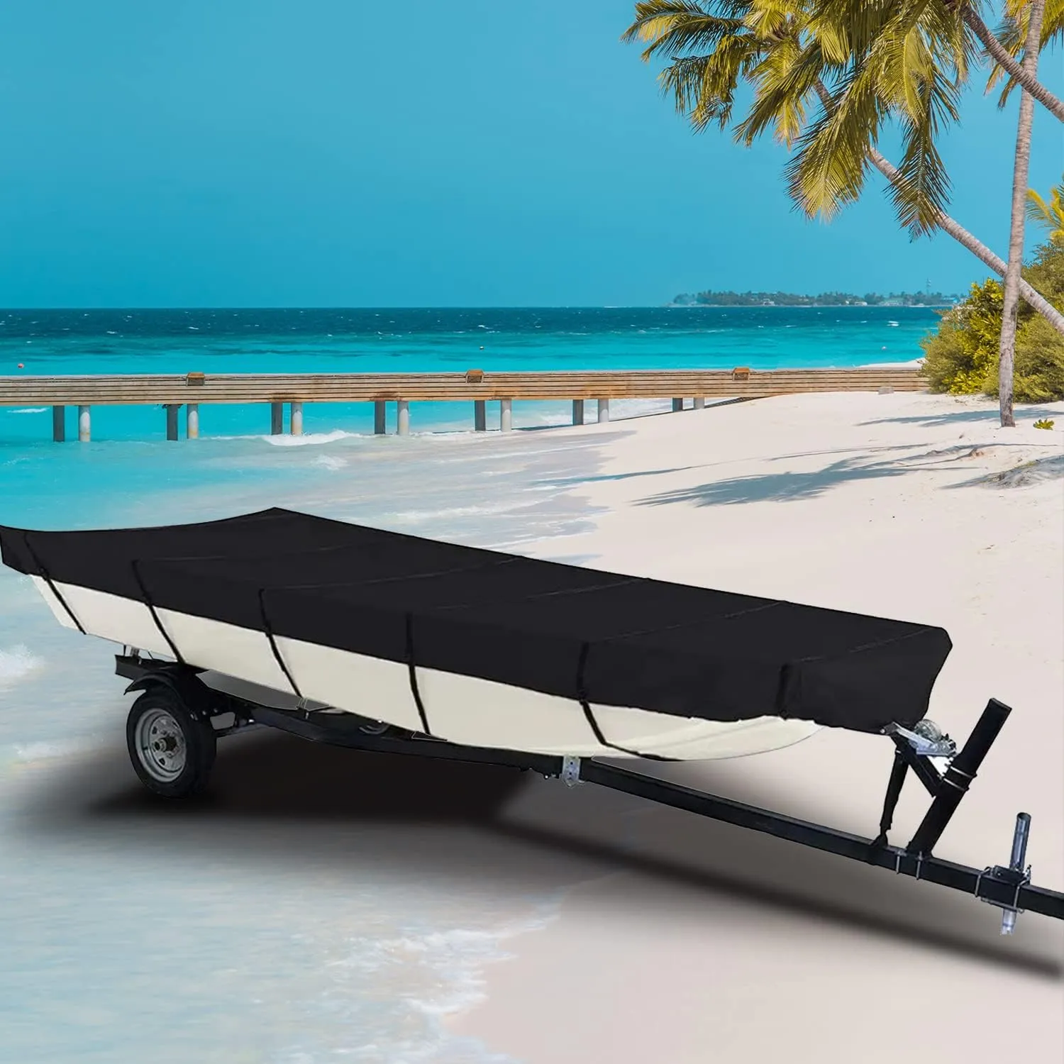 420D Upgraded Jon Boat Cover 12-14ft Heavy Duty Trailerable Jon Boat Cover Waterproof UV Resistant Marine Grade Reinforced Adjustable Side Straps Black