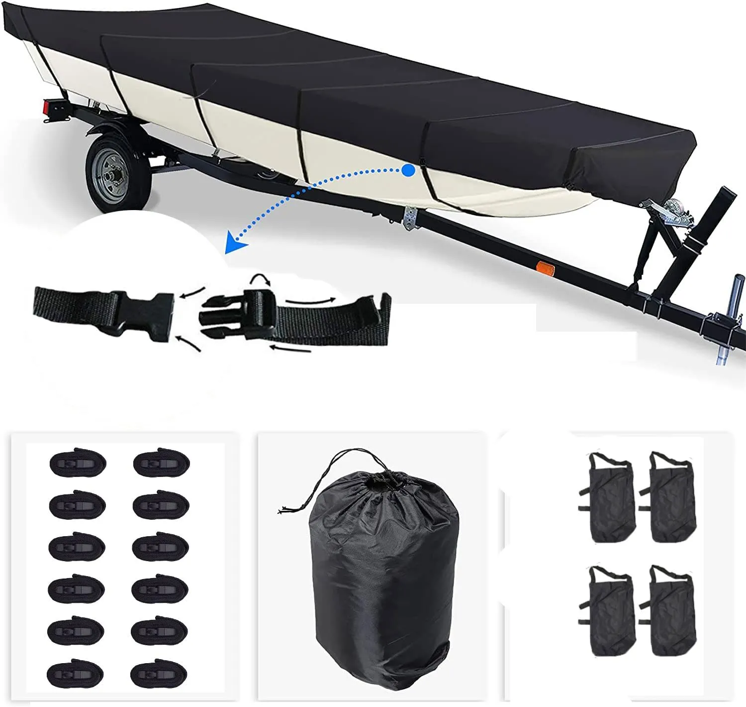 420D Upgraded Jon Boat Cover 12-14ft Heavy Duty Trailerable Jon Boat Cover Waterproof UV Resistant Marine Grade Reinforced Adjustable Side Straps Black