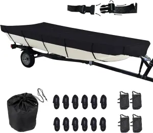 420D Upgraded Jon Boat Cover 12-14ft Heavy Duty Trailerable Jon Boat Cover Waterproof UV Resistant Marine Grade Reinforced Adjustable Side Straps Black