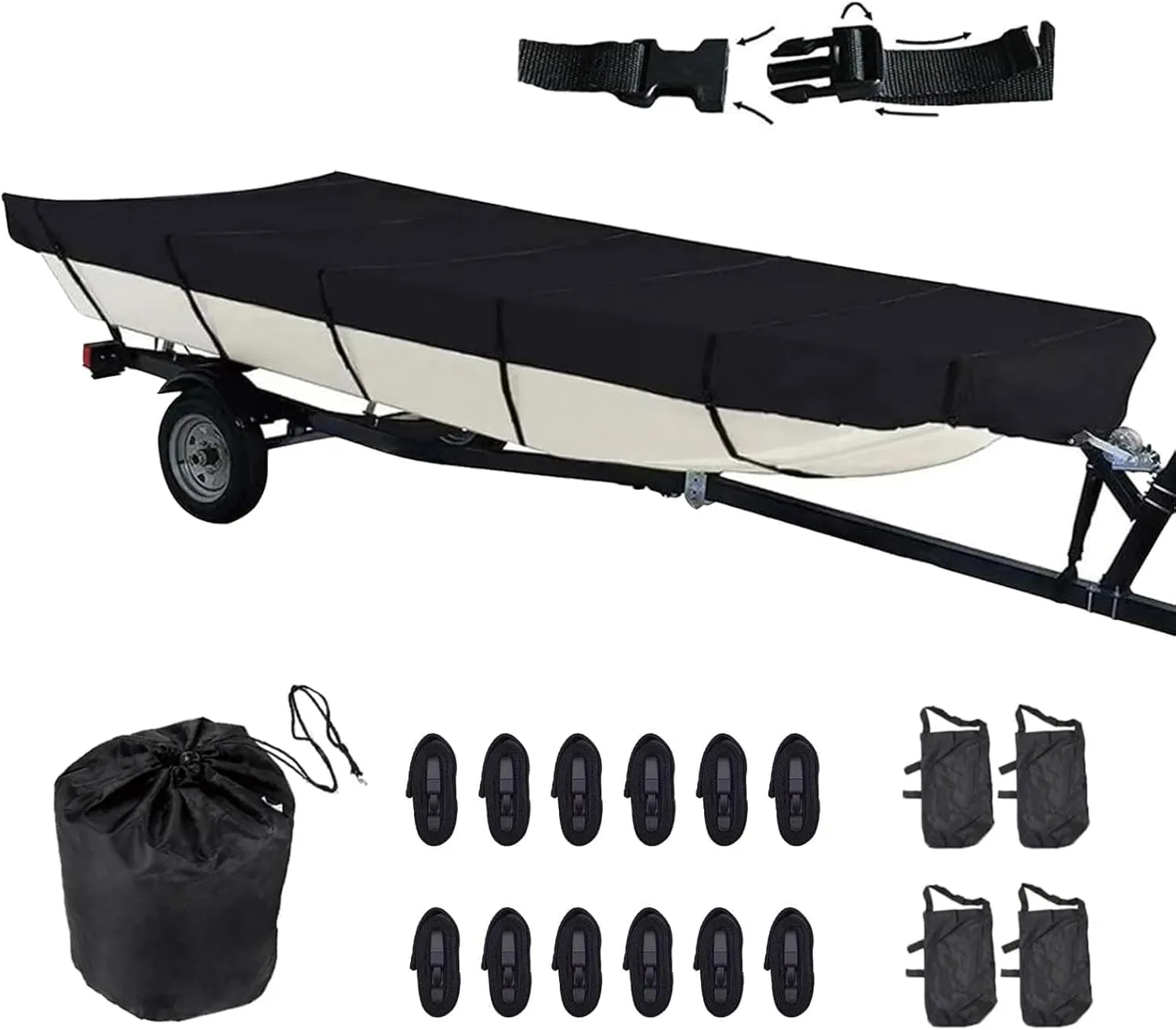 420D Upgraded Jon Boat Cover 12-14ft Heavy Duty Trailerable Jon Boat Cover Waterproof UV Resistant Marine Grade Reinforced Adjustable Side Straps Black