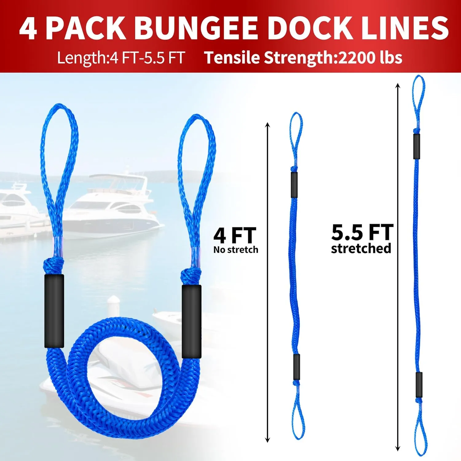 4FT Bungee Dock Line with Foam Floats Stretchable Boat Rope for Kayak, Jet Ski, Pontoon, Seadoo, Canoe, Fishing Boat Shock-Absorbent Dock Lines (4-Pack Blue)
