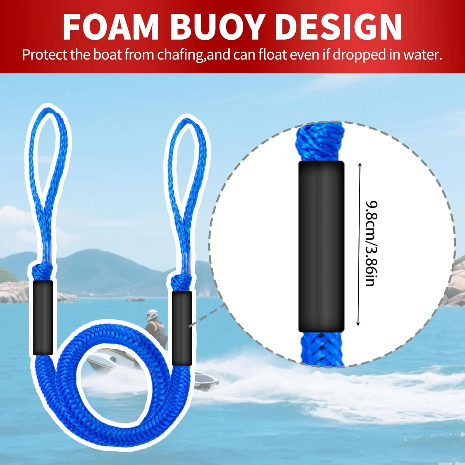 4FT Bungee Dock Line with Foam Floats Stretchable Boat Rope for Kayak, Jet Ski, Pontoon, Seadoo, Canoe, Fishing Boat Shock-Absorbent Dock Lines (4-Pack Blue)