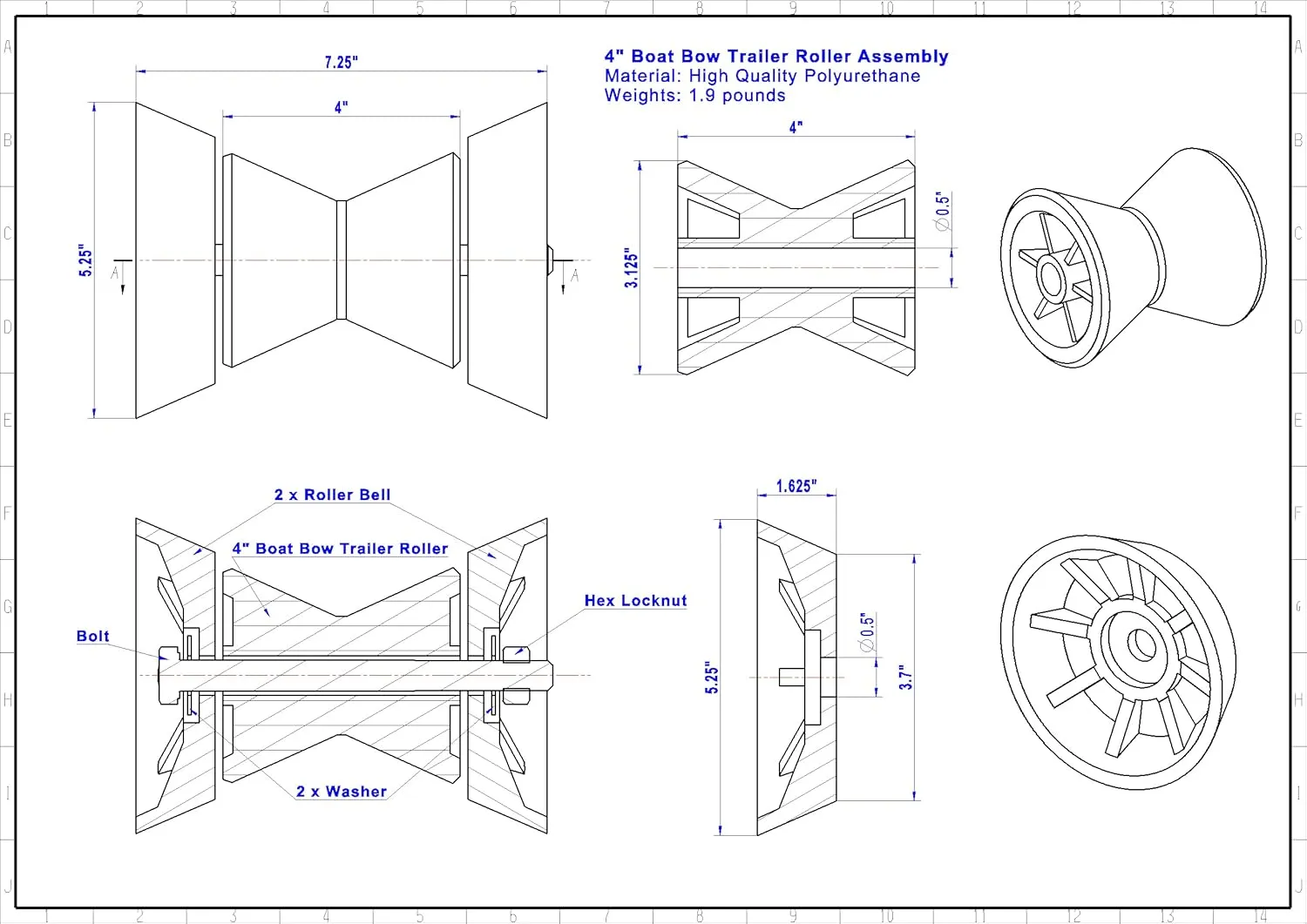4" Boat Trailer Roller Assembly Bow Roller with Spoke fits 1/2" Shaft