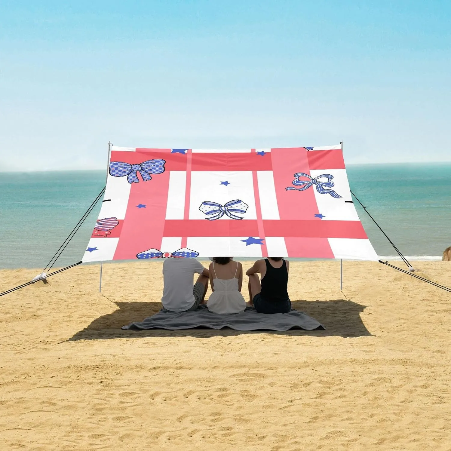 4th Of July Bow Stripes Beach Camping Tent Sun Shelter for Whole Family, Independence Day Beach Shade Canopy with UPF50  UV Protection,Easy Set Up and Carry,Outdoor Shade for Trips, Fishing, Bac