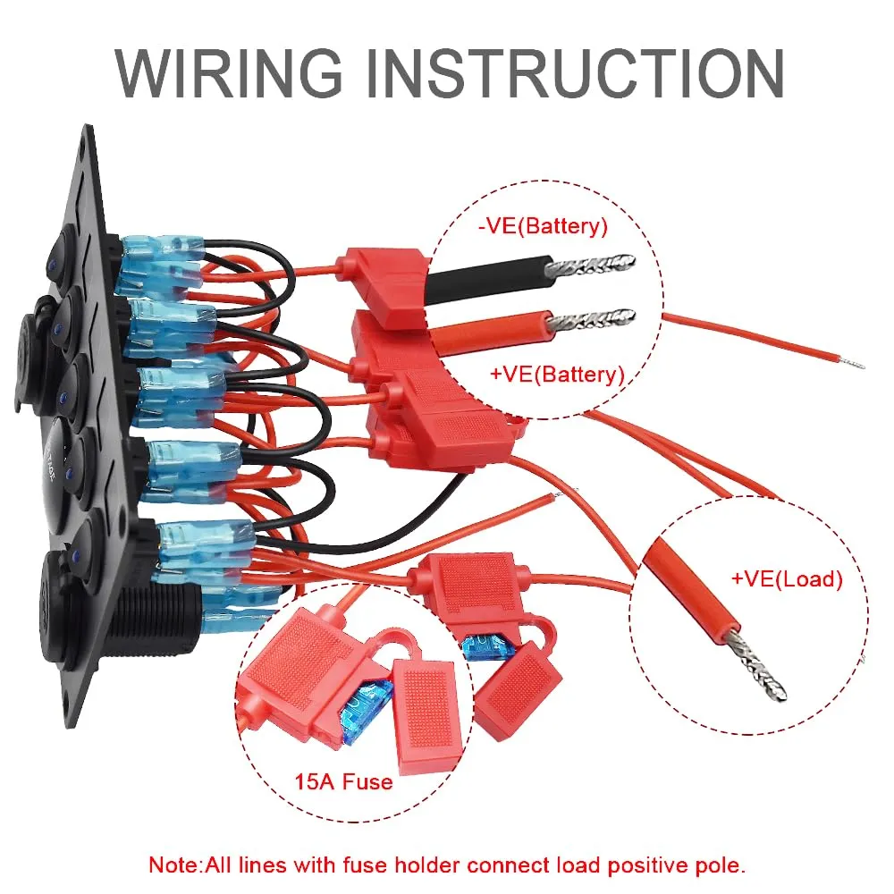 5 Gang Switch Panel 12 Volt ON-Off Switch Panel Blue LED with Inline Fuse QC 3.0 USB and Type C Charger Socket Digital Voltmeter 12V Cigarette Lighter Socket for Marine Boat Car