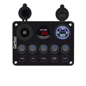 5 Gang Switch Panel 12 Volt ON-Off Switch Panel Blue LED with Inline Fuse QC 3.0 USB and Type C Charger Socket Digital Voltmeter 12V Cigarette Lighter Socket for Marine Boat Car