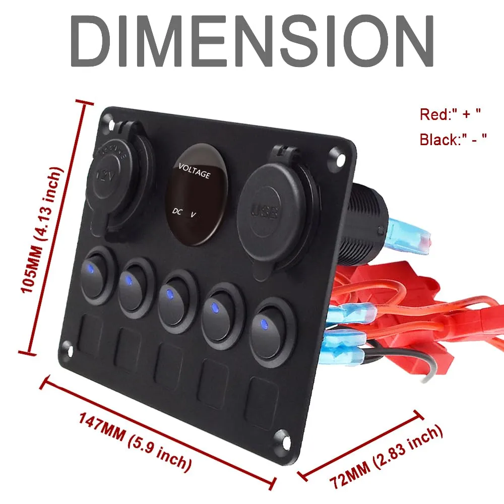 5 Gang Switch Panel 12 Volt ON-Off Switch Panel Blue LED with Inline Fuse QC 3.0 USB and Type C Charger Socket Digital Voltmeter 12V Cigarette Lighter Socket for Marine Boat Car