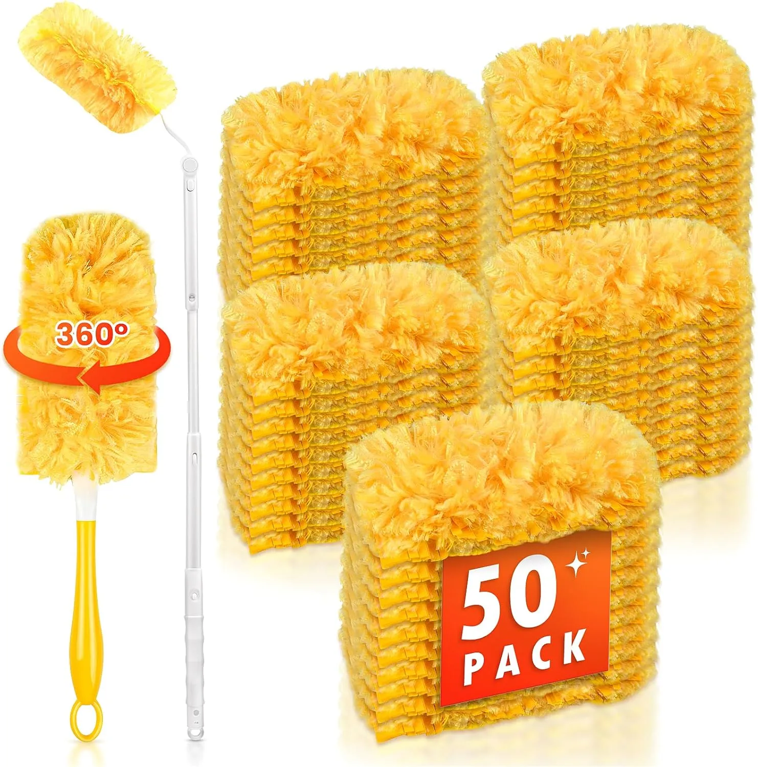 50 Count 360 Duster Refills for Swiffer Dusters   1 Extendable Handle   1 Short Handle, Heavy Duty Disposable Kit, Multi-Surface Disposable Pads for Cleaning, Unscented