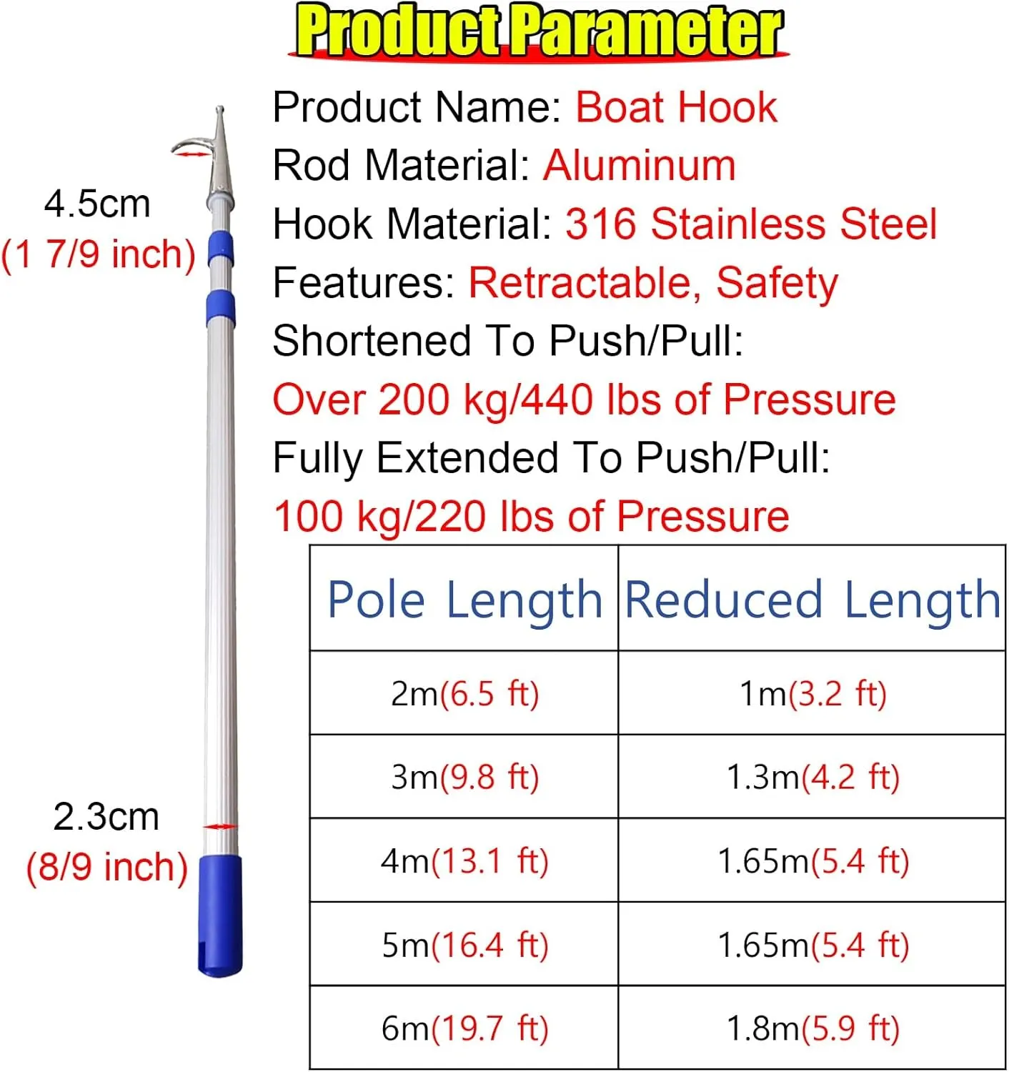 6 10 13 16 20 Ft Boat Hook, Heavy Duty Boat Dock Hook with Telescoping Extension Pole, Boat Hooks Pole for Docking/Rescuing/Pushing Pulling/Boating(4 m(13.1 ft))