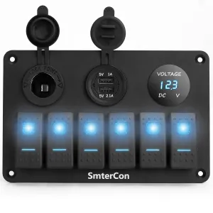 6 Gang Marine Boat Rocker Switch Panel, Waterproof, Aluminum, with Dual USB Socket, LED Voltmeter, and Cigarette Lighter Socket, for Marine Boat Car RV Truck (Blue LED)