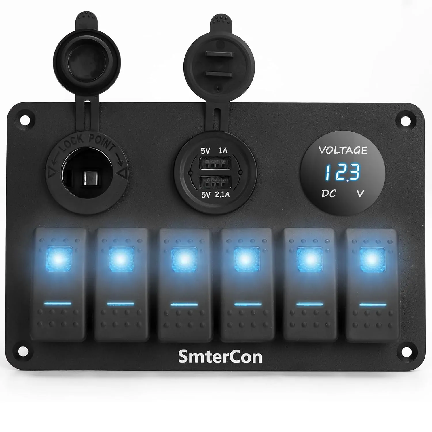 6 Gang Marine Boat Rocker Switch Panel, Waterproof, Aluminum, with Dual USB Socket, LED Voltmeter, and Cigarette Lighter Socket, for Marine Boat Car RV Truck (Blue LED)