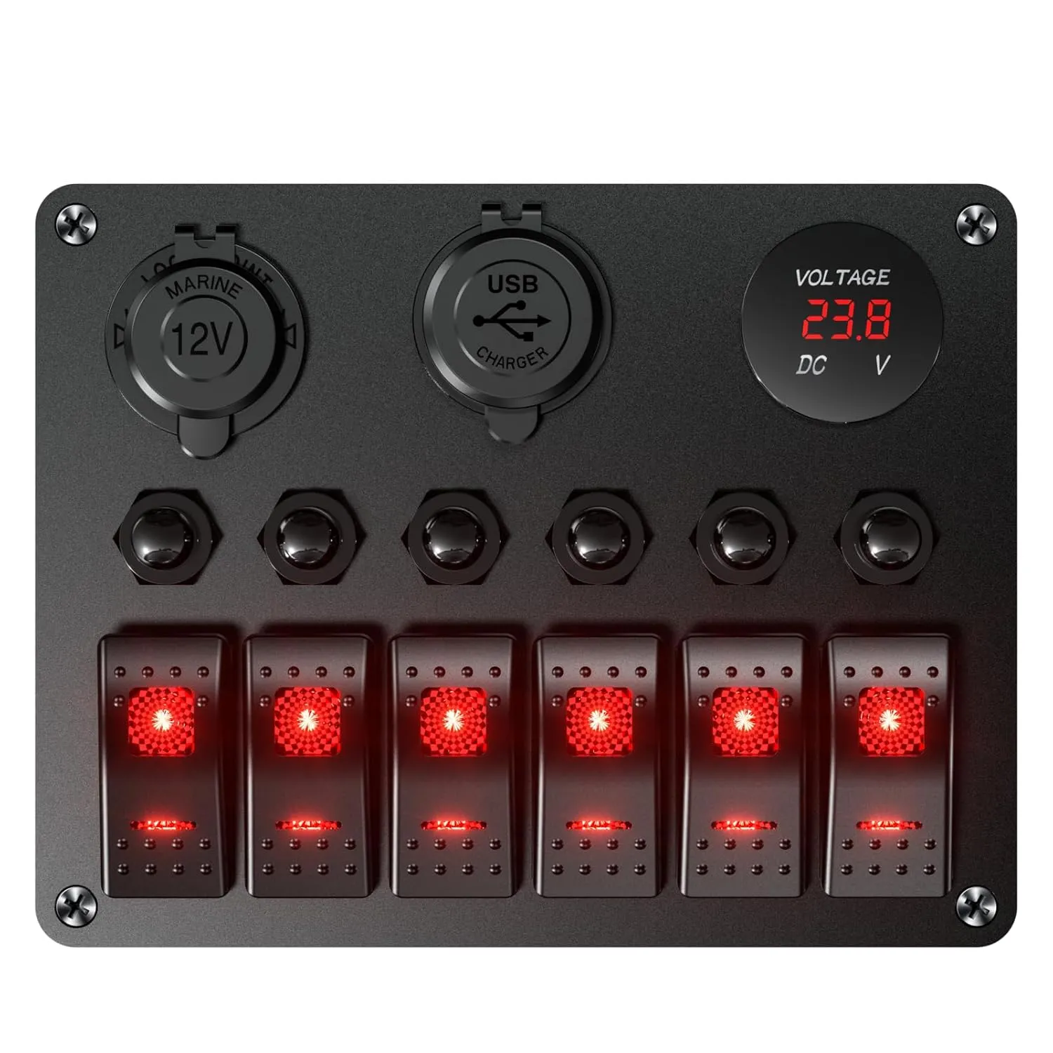 6 Gang Waterproof Marine Boat Rocker Switch Pannel Overload Protector 12-24V 36W Dual QC3.0 USB Car Charger   LED Digital Voltmeter   Cigarette Lighter Socket for Boat, Marine, UTV, Truck, Car (Red)