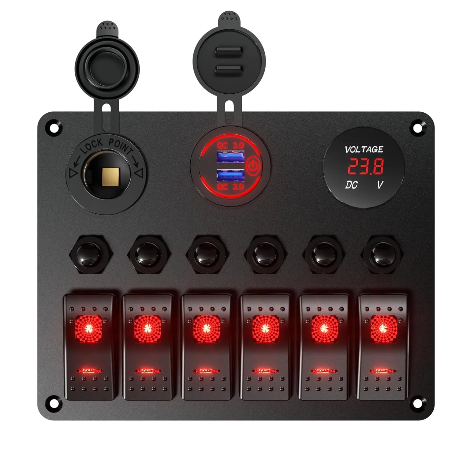 6 Gang Waterproof Marine Boat Rocker Switch Pannel Overload Protector 12-24V 36W Dual QC3.0 USB Car Charger   LED Digital Voltmeter   Cigarette Lighter Socket for Boat, Marine, UTV, Truck, Car (Red)